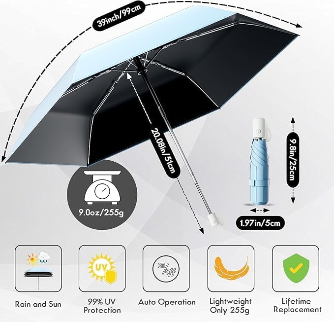 Automatic Mini Travel Windproof Folding Umbrella - UV Protection, Instant Open/Close for Rain/Sun, Small Compact Lightweight Design Fits in Tote Bag/Travel Case/Backpack for Commute, Women & Men - Image 2