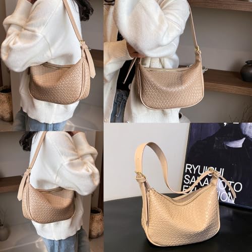 Image of Woven Crossdbody Bag Vegan Leather Bag For Women Crescent Shoulder Hobo Handbag with 2 Adjustable Strap