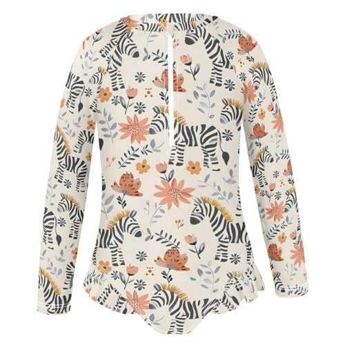Cute Hand Drawn Zebras and Flowers Girls Long Sleeve Swimsuit Rash Guard One Piece Bathing Suits Zipper 3-12T2