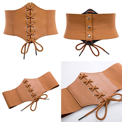 GRACE KARIN Women Elastic Wide Band Tied Corset Waist Cincher Belt(XL,Black+Brown 499)3