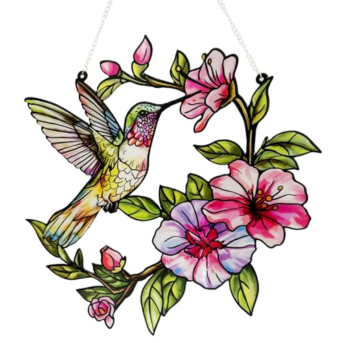 Stained Glass Hummingbird Suncatcher, Marzovitra 12 inch Stained Glass Window Hanging Yard Décor with Flowers, Sun Catcher for Home Decor, Garden, Patio Bird Window Art Gift for Nature and Bird Lovers