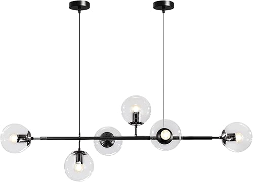 BOKT Lámpara colgante de globo de vidrio transparente de 6 luces, lámpara Sputnik rectangular moderna de mediados de siglo, estilo vintage, negro,