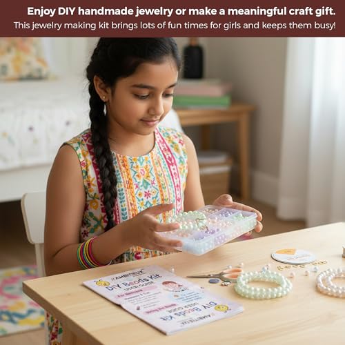 Image of Ambitieux DIY Bracelet Making Kit for Girls - 12 Types Colorful Beads with Charms, Elastic Thread, Earrings, Clasps & Rings - Jewellery Craft Kit for Kids, Birthday Return Gift, Rakhi Special Set for 2 3 4 5 6 7 8 9 10 years (8 and 10 mm metallic)