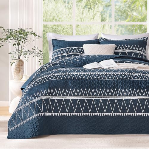 Image of Andency Navy Oversized Super King Quilt Set, 3 Pieces Boho Lightweight Soft Striped Bedspread for All Season (120 inchx120 inch), Printed Bohemian Polyester Reversible Coverlet Comforter Sets