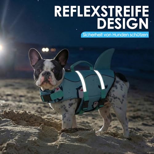 AOFITEE Schwimmweste Hund Groß, Ripstop Große Hundeschwimmweste Hai, Verstellbar & Ripstop Schwimmweste für Hunde mit Rettungsgriff, Rettungsweste Hunde Labrador Hundeweste Schwimmen, Grün, L