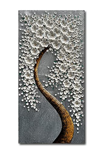 Epicler art 100% Hand-Painted 3D White Vertical Abstract Flower Tree