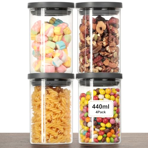 VINATO 4 Pezzi Barattoli Vetro Con Coperchio per Cucina - Set Ermetico in Borosilicato, Contenitori Cucina, BPA-Free, 440ml per Frutta Secca e Spezie