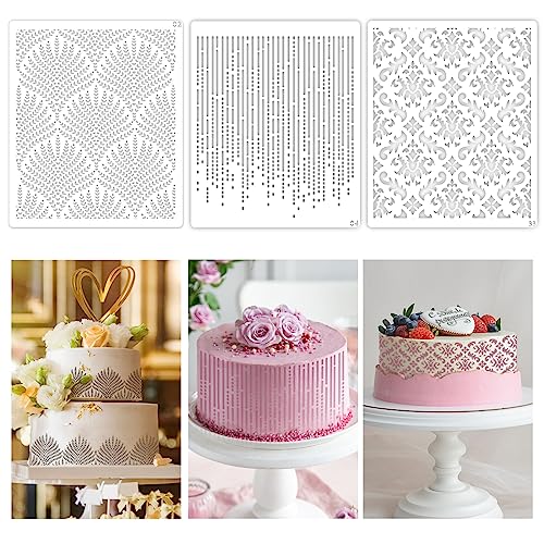 SwirlColor Pochoir Gâteau, 3 Pcs Belle Dentelle Creuse en Plastique Réutilisable pour Pâtisserie, Décoration Impression Anniversaire Mariage Moule