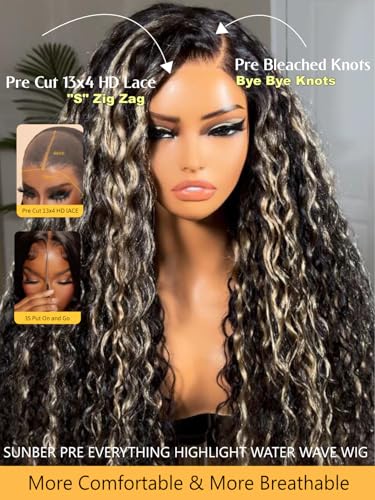 Image of Sunber Black With Light Blonde Highlights Water Wave Glueless Drawstring Wig Glueless Pre Everything 13x4 Lace Frontal Bye Bye Knots Pre Cut Lace Pre Plucked Pre Bleached Knots 150% Density 22Inch