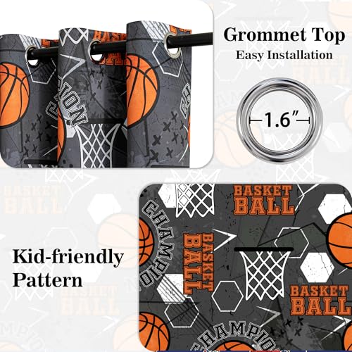 Image of MYSKY HOME Blackout Curtains 63 Inch Length for Teen Boys Kids Room Decor 95% Light Blocking Thermal Insulated Grommet Drapes with Basketball Printed, 2 Panels, 52 inch Wide Each Panel, Black and Orange