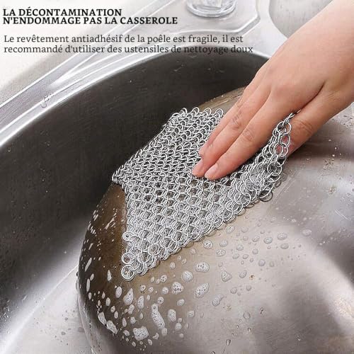 MEEQIAO Nettoyant en Fonte pour Poêles, Woks Ustensiles de Cuisine et Plus Encore, Pas D'égratignure, Laveur de Cotte de Mailles d'acier Inoxydable Chaîne Scrubber (10 * 10cm) – vue 4