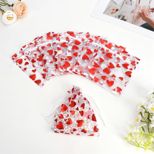 Image of BOEIAC Heart Organza Bags, 50PCS Organza Gift Bag, Drawstring Sheer Mesh Gift Bag 3 x 4 inch, Mesh Jewelry Pouches, Mini Candy Bag for Valentine's Day, Christmas, Mother's Day, Wedding Party Favors