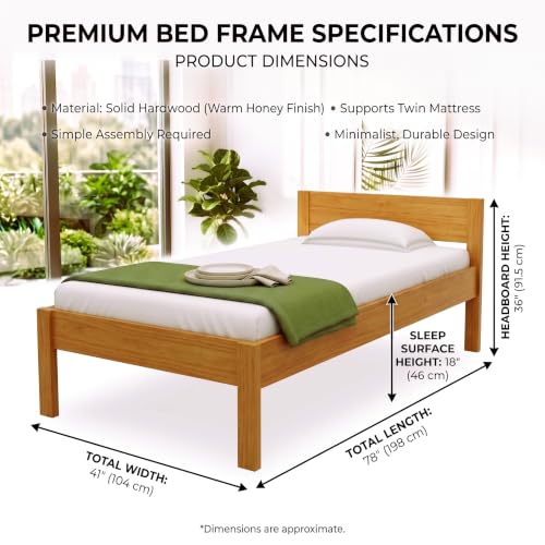 Image of Solid Wood Single Bed with Headboard, Teak finiish, 188 x 96.5 x 66 cm, No Tools Assembly,