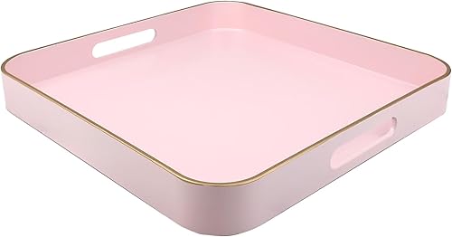 Omuriko Bandeja decorativa cuadrada rosa con asas, bandeja versátil de 13 x 13 pulgadas para mesa de café, otomana, ideal para servir, exhibir y