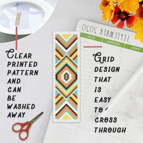 Image of BEUNITONE Cross Stitch Bookmarks Kit 6 Pcs Geometric Pattern DIY Bookmarks Cross Stitch Kits for Beginners Boho Floral Fabric Bookmark Kit Traditional Decorative Counted Knitting Kit 8''x2.4''