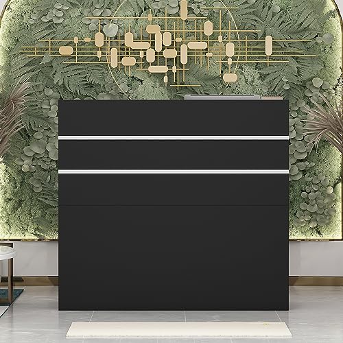 PREMTURE Mueble recepción, mostrador de recepción, mostrador de Tienda mostrador de Venta Mesa de Venta, Muebles de Oficina Muebles de recepción con 3 cajones y 1 Armario, 110 X 120 X 48 cm, Negro