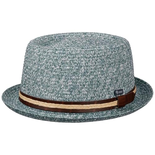 Lipodo Carignano Pork Pie Strohhut Hut Italienisches Flair Ledergarniturband Herren Frühjahr Sommer Petrol XL (60-61 cm)