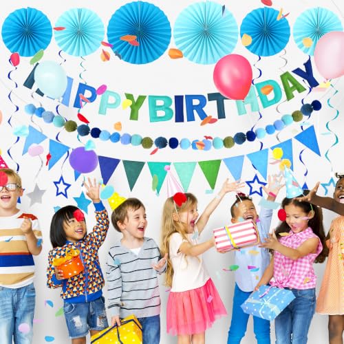 Image of CANREVEL 17 PCS Pre-Strung 3D Blue Happy Birthday Banner, Blue Streamers | Colorful Reusable Birthday Decorations for Women Men Girls Boys, Felt Happy Birthday Sign, Pom Pom Garland, Triangle Bunting