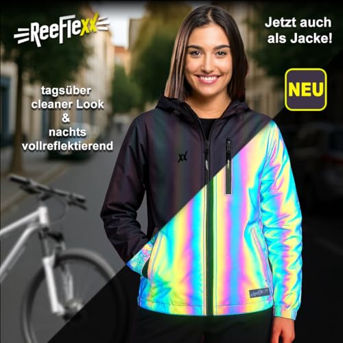 REEFLEXX Reflektor-Damenjacke – Vollreflektierender Windbreaker | Leicht, wasserabweisend, winddicht & stylisch sichtbar (DE/NL/SE/PL, Alphanumerisch, XL, Regular, Regular, Black Rainbow Jacket)