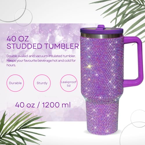 Image of 40 Oz Rhinestone Tumbler with Handle and Flip Straw | Insulated Stainless Steel Double Layer Bling Tumbler | Leak Proof Glitter Tumbler for Women | Reusable 1200ml Travel Bling Cups Lilac
