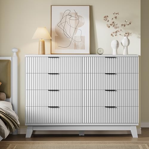 Image of BORNOON 53 inch Wide Dresser for Bedroom, 8-Drawer Fluted Chest of Drawers, Modern Wood Highboy with Metal Slides and Handles, Anti-Tip Kit, Vertical Clothes Storage Organizer for Apartment, Closet