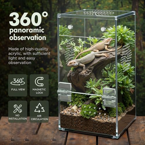 Image of Pre-Assembled Jumping Spider Enclosure, Acrylic Terrarium with Magnetic Door & All-Side Ventilation, Habitat for Spiderling, Mantis, Tarantula, Snail, 3.5 inchx3.5 inchx7 inch (Tweezer & Temp Sticker Included)