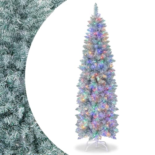 SPOTRAVEL Pre-Lit Christmas Tree, Hinged Pencil Xmas Tree with 190/250 Colorful LED Lights & 343/475 Branch Tips, Holiday Christmas Decoration for Home Office School and Shop (6FT)
