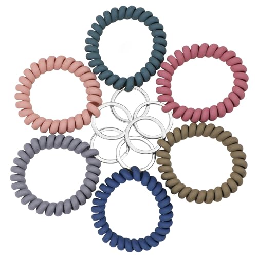 Image of CoguZed 6 Pack Flexible Spiral Wrist Coil Keychain Bracelet, Stretchy Wrist Key Holder, Key Chain Bracelet for swimming Sauna Gym with Steel Key Ring for Men & Women