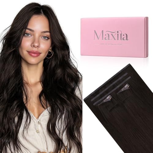 MAXITA Invisi Edge & �V�[�����X �N���b�v in Hair Extension Real Human Hair �A40.6 cm�A7pcs 110g �_�[�N�u���E���A100% Remy �l�уG�N�X�e���V���� �����p