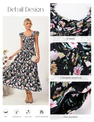Image of GRACE KARIN Women's Summer Floral Maxi Dress 2026 Ruffle Sleeve Smocked Sundress Flowy Wedding Guest Long Dresses with Pocket