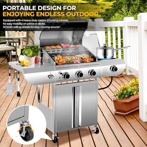 G31 Pro Gas Barbecue 34,000 BTU 3-Burner Propane Gas Grill with Side Burner, Stainless Steel Grill, Cast Iron Grates & Portable Trolley with Wheels, Outdoor Grill for Backyard, Patio, Camping - Image 6