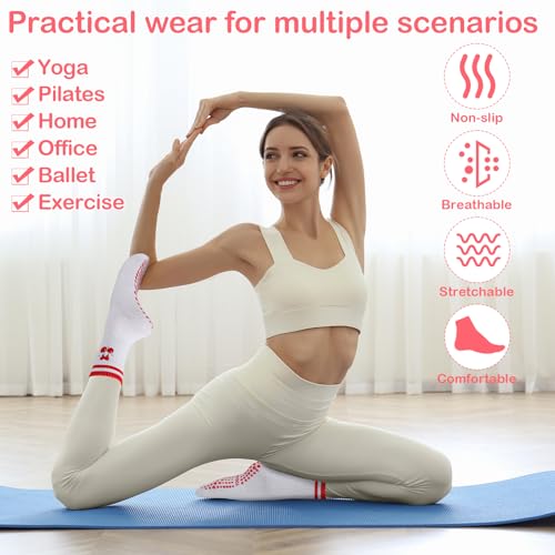Image of Jspupifip 3 Pairs Cute Pilates Socks with Grips for Women Non Slip Yoga Grippy Socks Embroidery Cherry Athletic Crew Sock for Barre Ballet Barefoot Workout Hospital
