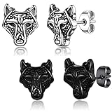 SIISPRI Celtic Wolf Stud Earrings For Men Women Norse Viking Stainless Steel Jewelry,Trendy Animal Earrings Hypoallergenic (Black/Silver-2 Pairs)