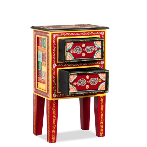 Image of Wooden Bedside Table for Bedroom with Drawer | Solid Wood Handcrafted Bed Side Table | Antique Side Table for Home Decor | Decorative Chest of Drawer for Living Room (Red)