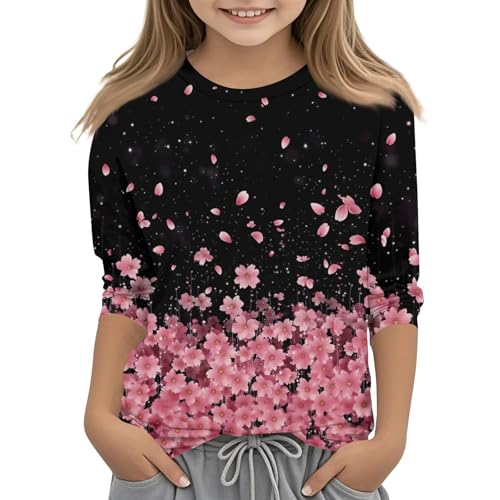 3/4 Sleeve Girls Shirts Cute Fall Crew Neck Cute Tops Trendy Floral Print 3/4 Length Sleeve Dressy Casual Blouses 2025