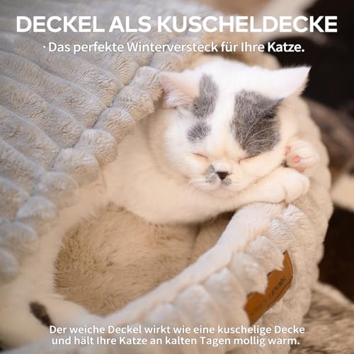 CheerPals Katzenbett mit Deckel 50cm, Waschbar Kuschelhöhle, Winterversteck mit Hochelastischer Schlafkissen für Alle Katze
