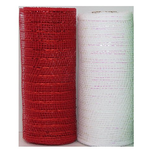 Christmas Decorative Mesh Rolls for Crafting Wreaths, Centerpieces, Displays, Table Drape and More, 5 Yards (2 Rolls, Red and White with Metallic Strands)