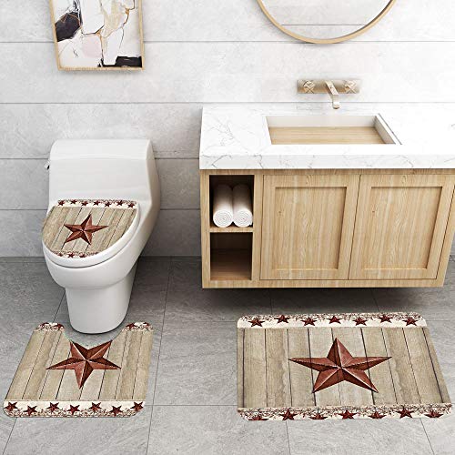 Jayden&Madge 4Pcs/Set Vine Star On Rustic Barn Shower Curtain, Texas Star Vintage Farmhouse Western Bathroom Decor, Waterproof Fabric Bath Curtain, Non-Slip Bathroom Mat Toilet Rug Bath Mat, Red Star #TOP4
