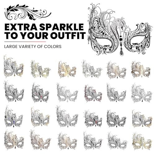 Image of Metal Filigree Masquerade Mask for Women - Swan Style Mask with Rhinestones for Mardi Gras, Prom, Halloween & Venetian Party