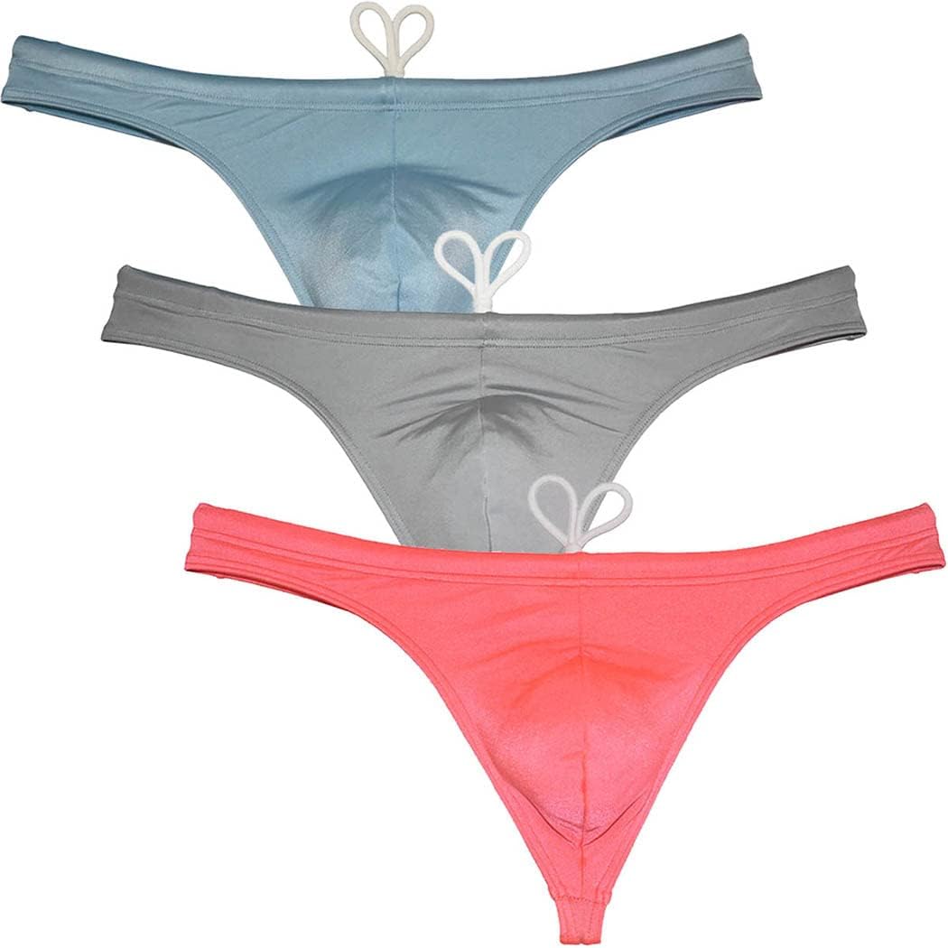 Men's Solid Swimwear Elastic & Drawstring Swim Thong Ice Silk Lining Body Bikini Swimsuit