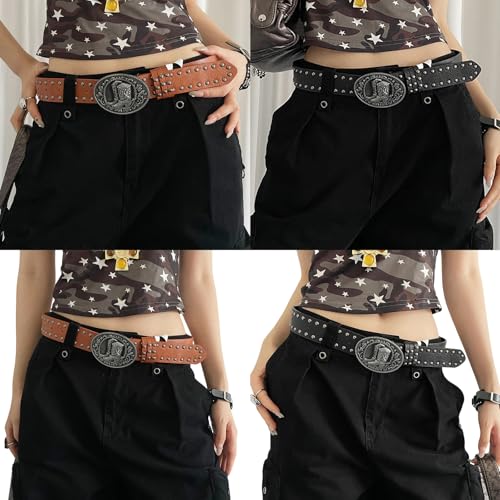 Vintage Carved Punk Styles Women's Belt Adjustable Cowgirl PU Leather with Studded Rivets for Casual Outfits2