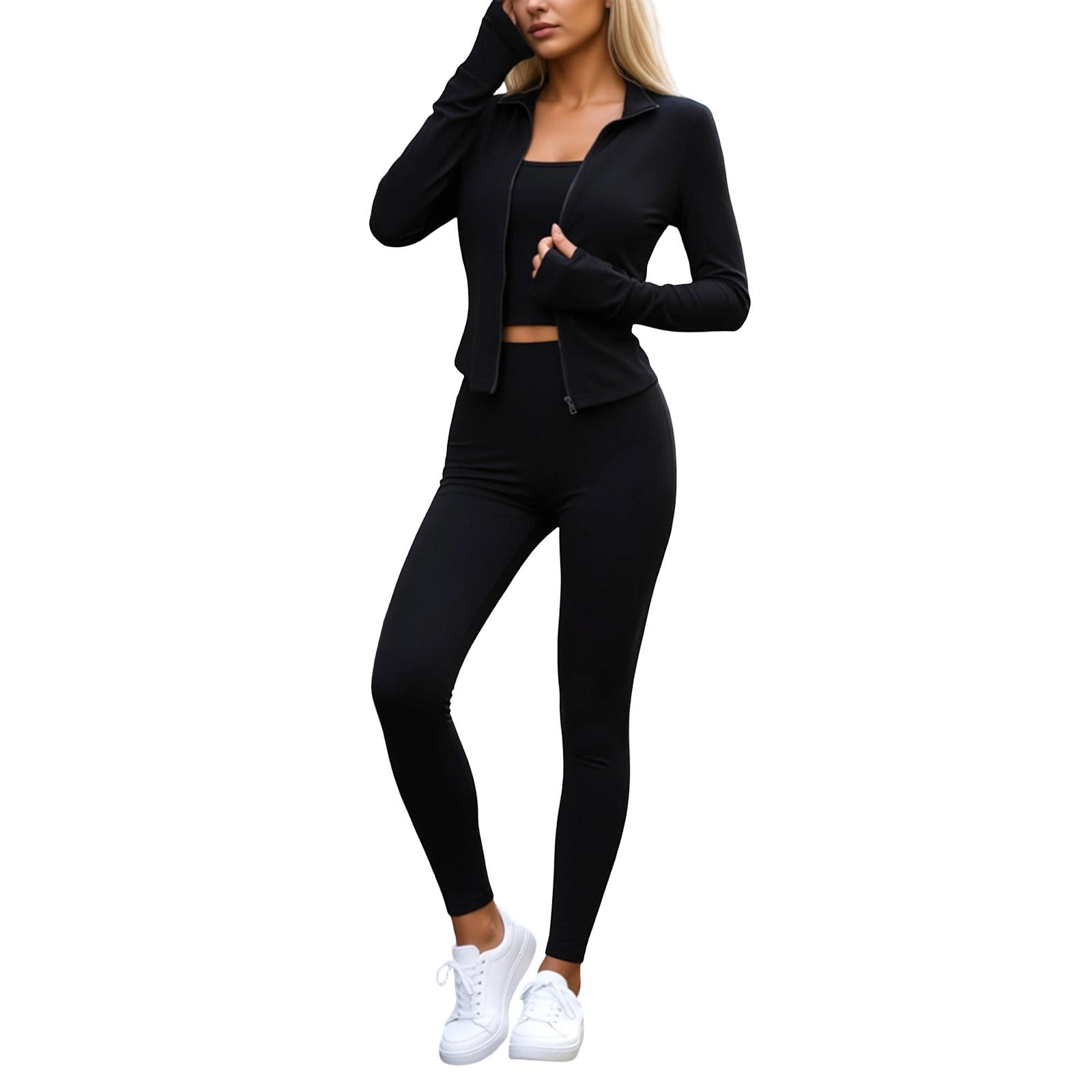 sportivo a maniche lunghe con giacca, canotta pantaloni, ideale per yoga attività fisica casual confortevole.