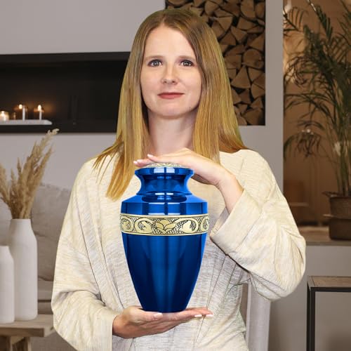 Image of Trupoint Memorials Cremation Urns for Human Ashes, Funeral Memorial Urn for Male and Female, Decorative Burial Grecian Urn Collection for Adult Men & Women - Grecian Blue and Gold, Adult (200LB)