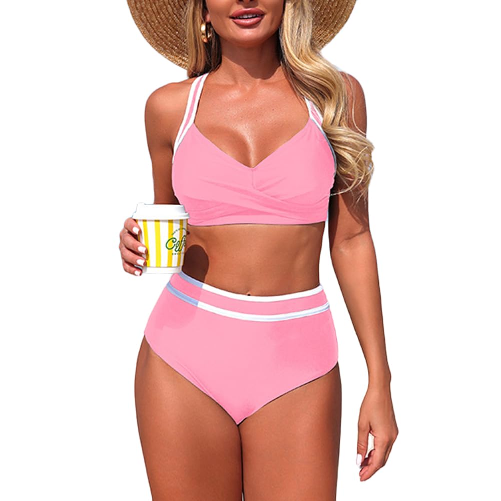 XYFfybhsd Women's High Waisted Bikini Sets Swimsuits Color Block Cheeky High Cut Bathing Suits (Size:M,Color:Pink)