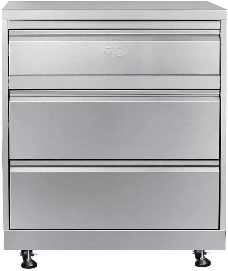 Pemberly Row 32-Inch Stainless Steel Outdoor Kitchen Cabinet, Three Drawers, Weather-Resistant, Durable Storage for Grill Accessories, Modern Design, Patio or Backyard Cooking and Meal Prep