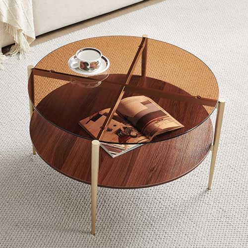 Saint-Mossi-Glass-Coffee-Table-for-Living-Room-Middle-Century-Modern-Style-Coffee-Brown-Glass-Top-Walnut-Brown-MDF-Wood-Top-with-Gold-Finish-Legs-Frame