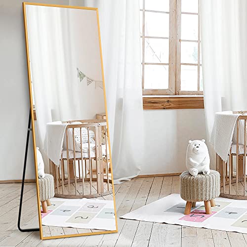 Image of NeuType 55 inchx16 inch Full Length Mirror with Standing Holder Aluminum Alloy Frame Floor Mirror Wall-Mounted Mirror for Living Room, Bedroom, Hanging or Leaning Against Wall, Golden (with Stand)