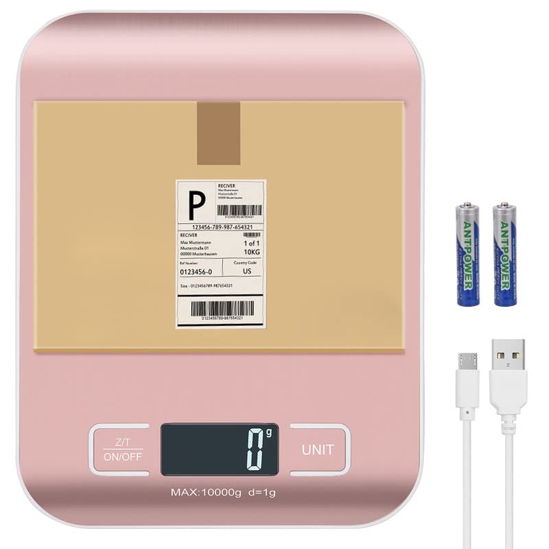 Digital Shipping Scale, Kitchen Scale, Stainless Steel Accurate 10kg/1g Portable Rechargeable Small Postal Scale for Packages, Small Business, Handmade, Liquids, Jewelry, Boutique(Rose Gold)