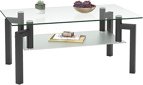 Mesa auxiliar rectangular de vidrio de dos niveles, mesas de centro modernas de vidrio templado, mesa de té con estante de almacenamiento y patas