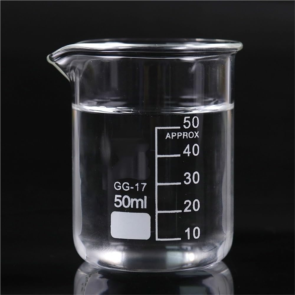 Vaso de precipitados Transparente para Laboratorio de química, Capacidad de 50 ml, de Forma Baja, de Vidrio Transparente Espesado con Pico, 1 Unidad
